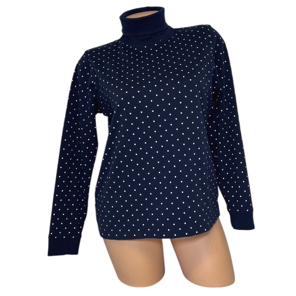 LL Bean Womens Navy Blue Polka Dot Cotton Turtleneck Long Sleeve Top Size Medium